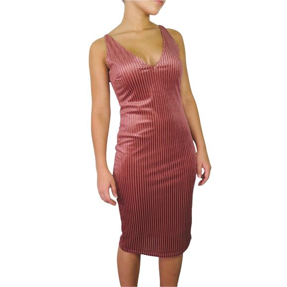 Forever 21 Rose Pink Velvet Ribbed V-Neck Dress Medium Sexy Going Out - Picture 2 of 8